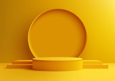 Modern Ürün Moda Gösterimi için Sarı Arkaplan Karşısında Dairesel Arkaplan ile Parlak Sarı 3D Podyum ve Merdivenler