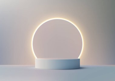 Sahnede Neon Circular Light, Ürün Gösterimi için Mükemmel, Mockup, Showroom, Showcase, Moda ve Zarif Tasarım ile Modern 3D Beyaz Podyum