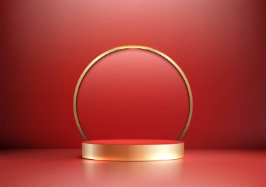 Lüks 3D Kırmızı Podyum Altın Çerçeve Ürün Gösterimi ve Şık Showroom Biçiminde Mokup