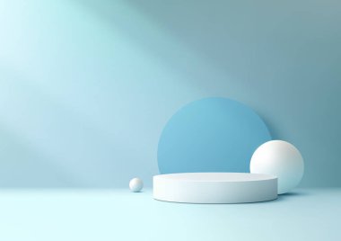Minimal 3D Beyaz Podyum Mavi Daire Arkaplanı ve Işık Işını Ürün Görünümü, Mockup ve Gösteri Sunumu