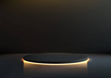 Fütürist Ürün Görünümü ve Teknoloji Gösterisi için Neon Işıklı 3D Siyah Yuvarlak Platform Podyumu