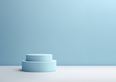 Minimalist Ürün Ekran ve Moda İçin Yumuşak Mavi Duvar Arkaplanı ile Beyaz Zemin üzerinde 3D Mavi Podyum