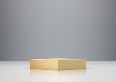 Beyaz Yüzeyde Şatafatlı 3D Altın Kutu Podyumu Gri Arkaplan Zarif Ürün Görünümü ve Moda