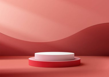 Çağdaş Ürün Görünümü ve Modern Konsept Modelleri için Pembe Arkaplanda Işık Işını ile Canlı 3D Kırmızı ve Beyaz Podyum