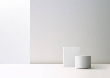 3D Beyaz Silindir Podyumu Minimal Modern Arkaplanda Ürün Görünümü ve Moda İçin Beyaz Zemin