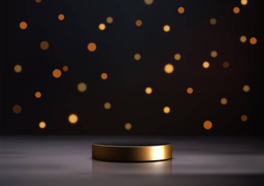 Gösterişli 3D Siyah ve Altın Podyum Karanlık Arkaplanda Altın Bokeh ile Zarif Ürün Gösterimi, Mockup, Showroom, Showcase