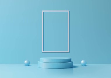 Parlak Mavi Arkaplanda İnce Çerçeve ve Yuvarlak Toplu Modern Minimal 3D Mavi Podyum Ürün Görünümü ve Moda