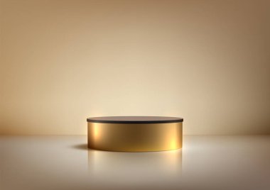 Bej Arkaplanda Siyah Üstlü Lüks 3D Altın Podyum, Ürün Ekranı, Mockup ve Gösteri İçin Mükemmel
