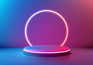 3D Fütüristik Teknoloji Yuvarlak Podyumu. Mavi ve Mor Gradyan Arkaplan, Yenilikçi Ürün Sunumu ve Moda Gösterisiyle Neon Halkası
