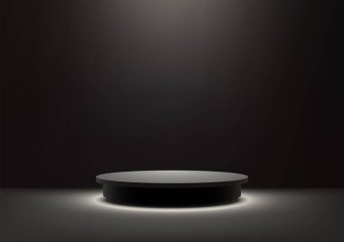 Karanlık Oda 'da Spotlight ile Modern 3D Siyah Podyum, Ürün Ekranı, Mockup, Showroom ve Showcase için ideal