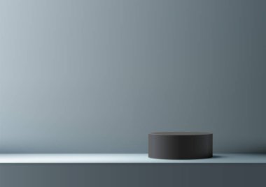 Mavi Arkaplanda Zarif 3D Siyah Silindir Podyumu, Ürün Gösterimi Minimalist Tasarım, Mockup, Showroom, Çağdaş Biçimli Gösteriş