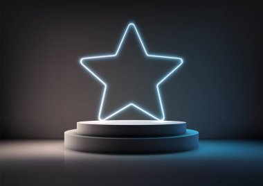Canlı bir neon yıldızın aydınlattığı minimalist bir podyum, arka planda yumuşak bir parıltı bırakır. Ürün gösterisi, taklit ve sergi için mükemmeldir.