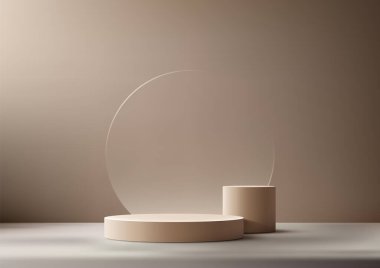 Üç boyutlu bej podyum ve silindir bej arka planda. Ürün gösterimi, maketi, sergi odası veya sergi amaçlı minimalist ve modern tasarım