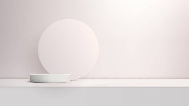 Beyaz Podyum ve Tarafsız Duvara Karşı Dairesel Arkaplan ile 3D Minimalist Ürün Gösterimi. Modern Biçim Showroom ve Showcase 