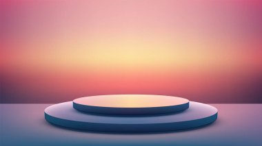 Modern ve zarif tasarımları sergilemek için ideal, canlı gradyan arkaplana karşı iki kademeli dairesel podyuma sahip 3D minimalist ürün sergisi