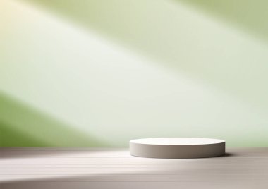 Yeşil Duvarlı Minimalist 3D Beyaz Silindirik Podyum, Modern Doğa Ürün Gösterimi, Mockup, Showroom ve Showcase için Aydınlatıcı Yumuşak Güneş Işığı Konsepti