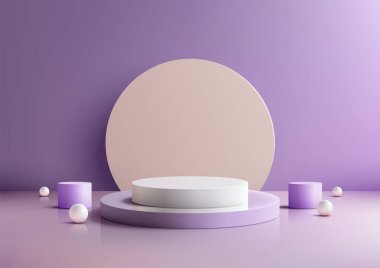 Modern Ürün Görünümü ve Gösteri Salonu ve Gösteriş Sahnesi İçin Mor Arkaplan, Krem Çember ve Küreler Üzerinde Minimalist 3D Beyaz ve Mor Podyum