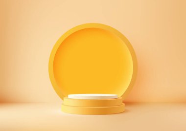 Yumuşak Renk Duvarında Çember Arkaplan, Minimalist Ürün Görünümü ve Gösteri Odaları ve Gösteriler için Model Sahnesi ile Modern 3D Sarı ve Beyaz Podyum