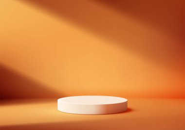 3D Beyaz Dairesel Podyum Minimalist Ürün Görünümü ve Şov Salonu ve Gösteriş İçin İdeal Portakal Arkaplanına Karşı Aydınlatma