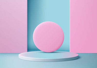 Modern minimalist podyum, pembe daireli, pastel mavi ve pembe renkli 3D platform, sergi ve sergi için uygun.