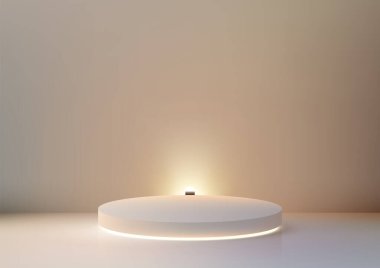 Modern Ürün Görünümü, Mockup ve Şık Gösteri Odası Tasarımı için Bej Arkaplanda Parlayan Spotlight ile Minimalist 3D Beyaz Podyum