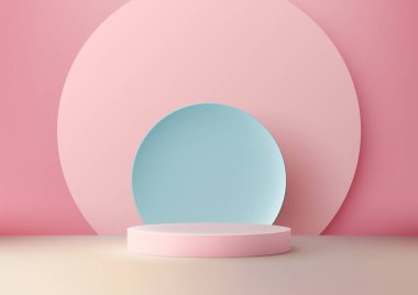 Modern 3D Pastel Pembe Podyum Mavili ve Pembeli Zarif Daire Arkaplanı, Ürün Görünümü, Mockup ve Şık Showcase için ideal