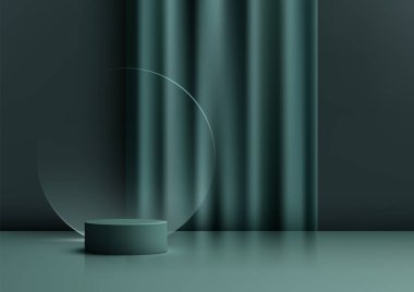 3D Lüks Silindirik Podyum Şeffaf Cam Dairesel ve Perde Arkaplanı Şık Koyu Yeşil Ürün Görünümü ve Moda Şovu Gösterimi Tasarımı