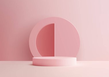 Minimalist bir 3D pembe podyum, geniş dairesel bir kesim tarafından çerçevelenmiş yumuşak pembe bir arka plana karşı duruyor, modern ürün gösterimleri için ideal.