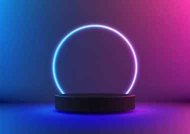 3D siyah podyum, parlak mavi ve pembe neon bir yüzükle aydınlatılmış karanlık bir odada bulunuyor. Modern teknoloji konsepti ürün görüntüleme, modelleme ve zarif vitrinler için mükemmeldir.