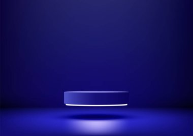 Karanlık Arkaplanda Beyaz Işıklı 3D Mavi Podyum, Modern Ürün Görünümü, Şovu ve Mockup Teknolojisi Konsepti
