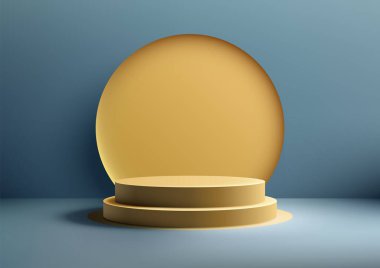 Minimalist 3D Sarı Podyum Sahnesi Mavi Arkaplan Üzerinde Ürün Gösterimi ve Moda, Modern Showroom Showcase
