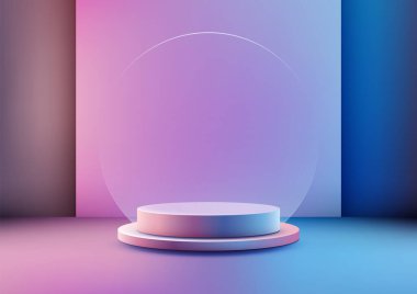 Neon Blue ve Pembe 3D Podyum, Dairesel Cam Paneli, Modern Minimal Mockup Ürün Görünümü, Gösteri ve Teknoloji Tasarımı