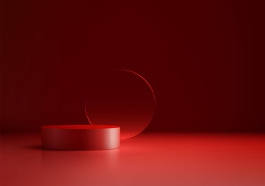 Modern Mockup ve Showcase, Zarif Ürün Tasarım Şablonu için Koyu Kırmızı Arkaplanda Minimalist Kırmızı 3D Podyum Silindiri