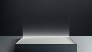 Minimalist 3D Beyaz Podyum Karanlık Arkaplan Şeffaf Cam Paneli, Zarif Modern Ürün Tasarımı, Mockup, Showroom ve Showcase