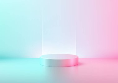 Fütüristik 3D Metalik Podyum, Neon Blue ve Pembe Işıklar, Cam Arkaplan, Mükemmel Ürün Gösterimi, Teknoloji Mozaikleri, Showroom Showcase ve Modern Tasarım Konseptleri