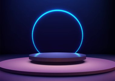Neon Blue Light Upbove Circular Platformu ile 3B Teknoloji Ekranı, Fütüristik Moda Moda İçin Mükemmel, Showroom Ekranları ve Koyu Mor Sahnedeki Tarz Gösterileri