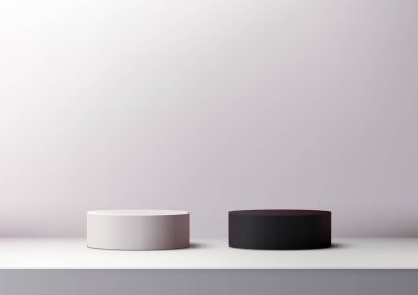 Beyaz ve siyah silindirik podyumların temiz ve nötr bir arkaplanda yer aldığı minimalist bir 3D sahne. Profesyonel sunumlarda ürün gösterimleri, modeller ve çağdaş tasarımlar için ideal