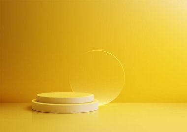 Sarı Arkaplan ve Şeffaf Çemberli Minimalist Podyum Mockup, Ürün Görünümü, Showroom ve Grafik Tasarım Sunumları İçin İdeal