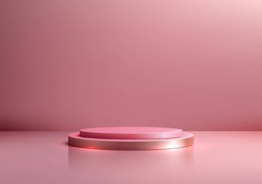 Yumuşak pembe ve altın kaplamalı 3D parlak podyum, açık pembe bir zemin üzerine kurulmuş. Lüks ürün gösterileri, markalaşma veya minimalist sunumlar için mükemmel. Moda, model ve yaratıcı görsel projeler için ideal