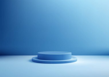 3D dairesel mavi podyum, yumuşak yayılmış ışıkla aydınlatılmış, boş mavi duvar arkaplanının karşısında duruyor. Ürün gösterimi, modelleme ya da sergi salonu ayarları için ideal