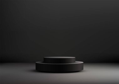 Üç boyutlu siyah podyum, iki katlı ve koyu arkaplan, dramatik bir ortamda ürünleri veya ödülleri sergilemek için mükemmeldir. Model, galeri ve profesyonel ürün gösterimleri için ideal