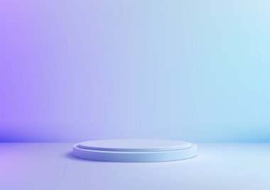 Mavi ve mor eğimli bir duvara karşı dairesel platformlu minimalist bir ekran standı. Ürün modelleri ya da vitrinler için mükemmel.