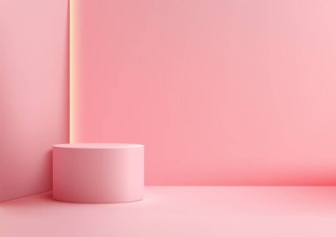 Dikey neon ışıklarıyla aydınlatılmış tertemiz minimalist bir ortamda parlak pembe silindirik bir podyum. Modern stüdyo ortamlarında ürün sergileri, moda modelleri veya görsel gösteriler için ideal
