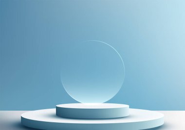 Şeffaf daireli minimalist 3D dairesel podyum ürün sergileri ve ödül vitrinleri için mükemmeldir. Pürüzsüz tasarım ve yumuşak mavi arkaplan modern ve zarif