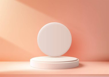 Minimalist beyaz podyum tasarımı yumuşak şeftali arkaplanlı dairesel bir zemin içeriyor. Güneş ışığı sahneye sıcak bir parıltı ekler, ürünleri sergiler, modeller, sunumlar ve sergi salonları