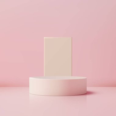 Minimalist bir 3D pembe podyum ve dikdörtgen panel yumuşak pastel arka plan üzerine kurulmuş. Ürün gösterimleri veya modelleri, temiz ve zarif tasarım modern sunum veya vitrin