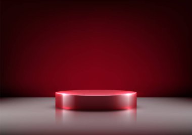 Lüks ürün gösterimleri, modeller ve sergi salonları için yansıtıcı bir yüzeye karşı modern bir 3D kırmızı dairesel podyum. Premium tasarım ve tasarımları göstermek için mükemmel.