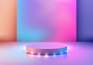 3D fütüristik podyum, yumuşak bir arka plan, parlak ve modern sahne ile ürün gösterimi, modelleme ve teknoloji vitrinleri için ayarlanmış renkli ışıklarla aydınlatılıyor.