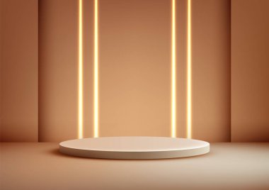 Minimalist bir 3D dairesel platform. Ilık dikey ışık demetleriyle aydınlatılmış. Lüks ürün gösterimleri, modeller ve sergi odaları için ideal.