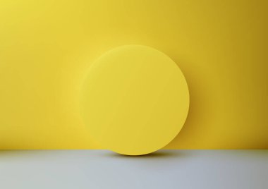 Parlak sarı daire, gri zeminde koyu sarı bir duvara yumuşak bir gölge bırakır. Minimalist ürün gösterimleri, modeller ve modern tasarım vitrinleri için mükemmel.